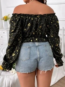 Celure Plus Star Print Off Shoulder Flounce Sleeve Tie Front Blouse - Black - View 2