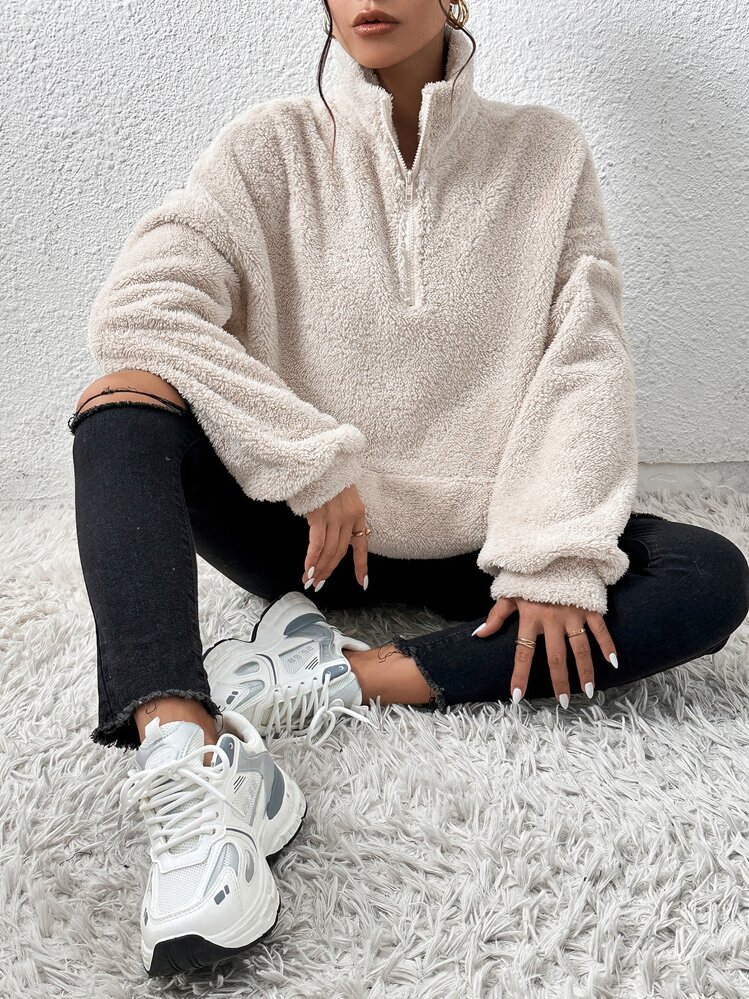 SHEIN EZwear Sweat-shirt-shirt en peluche à demi-zip avec poche, manches longues pour l'automne/l'hiver