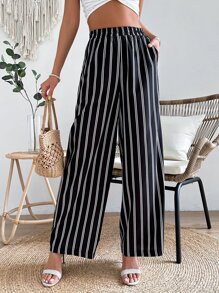 SHEIN VCAY Striped Print Slant Pocket Wide Leg Trousers - Black and White - View 1