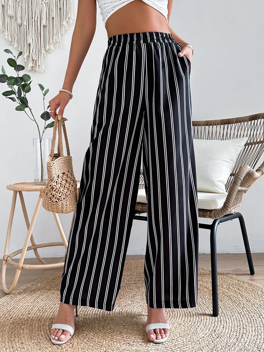 SHEIN VCAY Striped Print Slant Pocket Wide Leg Trousers - Black and White - View 1