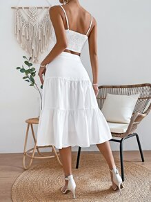 SHEIN VCAY Ruched Bust Shirred Back Crop Cami Top & Ruffle Hem Skirt - White - View 2