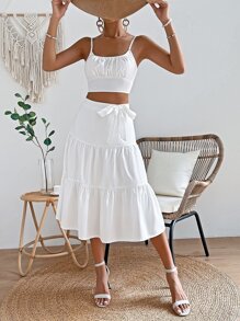 SHEIN VCAY Ruched Bust Shirred Back Crop Cami Top & Ruffle Hem Skirt - White - View 1