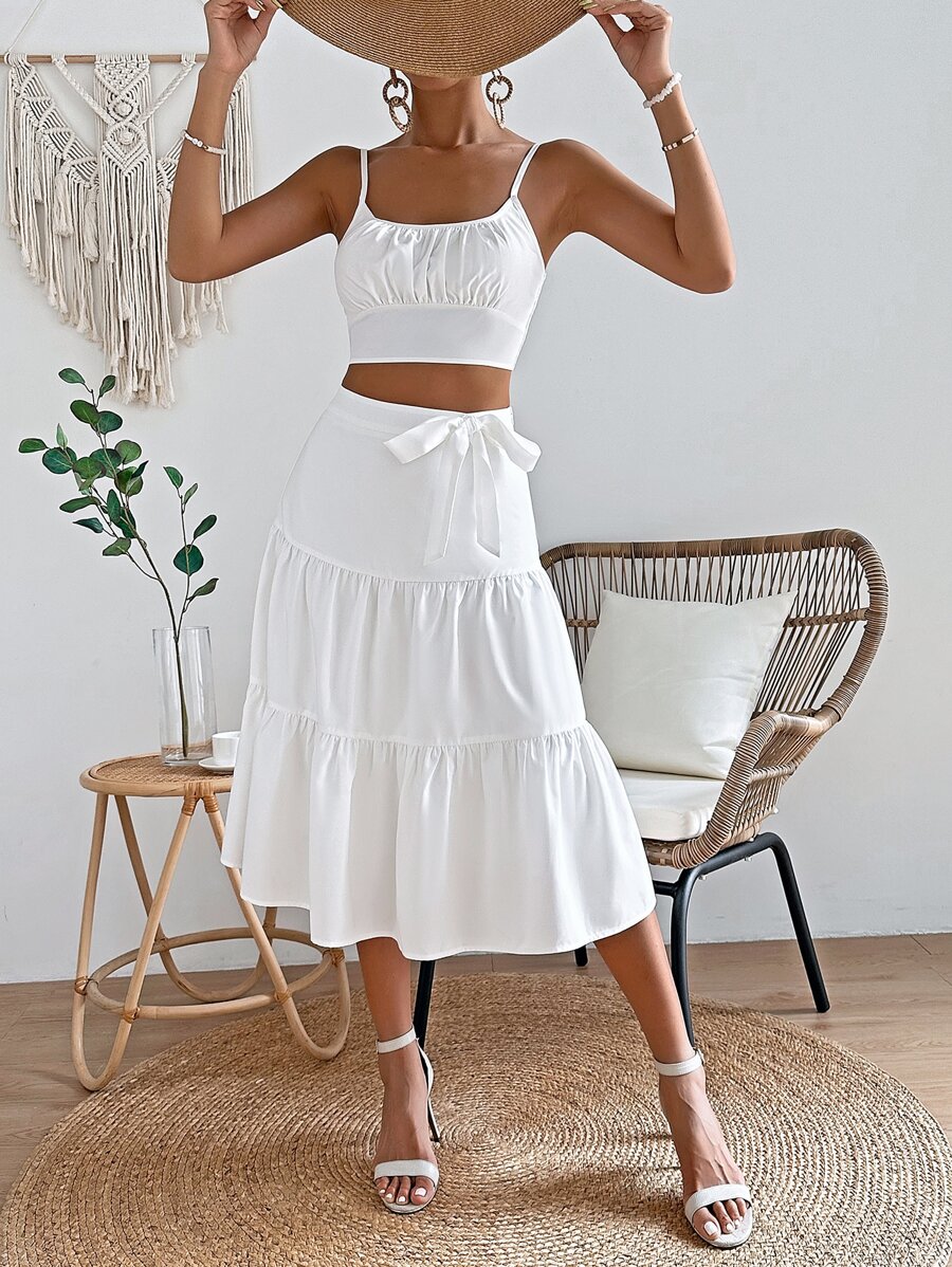 SHEIN VCAY Ruched Bust Shirred Back Crop Cami Top & Ruffle Hem Skirt - White - View 1