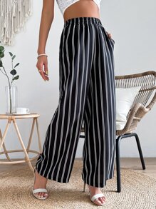 SHEIN VCAY Striped Print Slant Pocket Wide Leg Trousers - Black and White - View 3