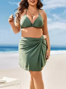 Plus Size Plain Halter Triangle Bikini Set With Twist Front Beach Skirt Summer Beach - Army Green - View 1