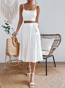SHEIN VCAY Ruched Bust Shirred Back Crop Cami Top & Ruffle Hem Skirt - White - View 5