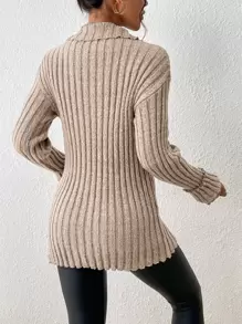 SHEIN Frenchy Half Zip Drop Shoulder Split Hem Jumper - Khaki - View 2