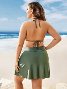 Plus Size Plain Halter Triangle Bikini Set With Twist Front Beach Skirt Summer Beach - Army Green - View 2