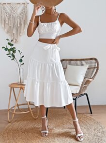 SHEIN VCAY Ruched Bust Shirred Back Crop Cami Top & Ruffle Hem Skirt - White - View 6