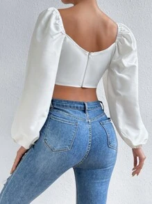 SHEIN Privé Notched Neckline Lantern Sleeve Zip Back Crop Blouse - White - View 2