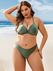 Plus Size Plain Halter Triangle Bikini Set With Twist Front Beach Skirt Summer Beach - Army Green - View 3