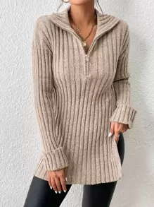 SHEIN Frenchy Half Zip Drop Shoulder Split Hem Jumper - Khaki - View 6