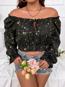 Celure Plus Star Print Off Shoulder Flounce Sleeve Tie Front Blouse - Black - View 4
