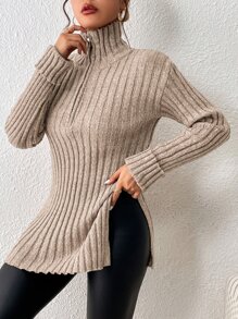 SHEIN Frenchy Half Zip Drop Shoulder Split Hem Jumper - Khaki - View 4