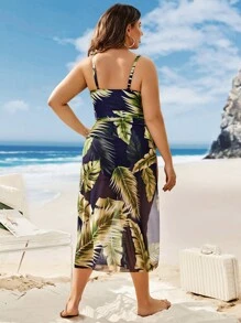 大碼熱帶圖案連體泳衣附沙灘裙 - 彩色 - 查看 2