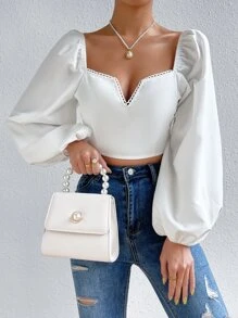 SHEIN Privé Notched Neckline Lantern Sleeve Zip Back Crop Blouse - White - View 6