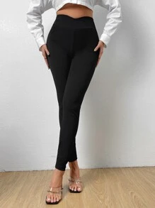 SHEIN Privé Wideband Waist Solid Leggings - Black - View 5