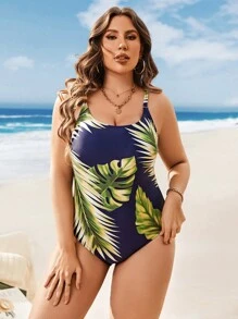 大碼熱帶圖案連體泳衣附沙灘裙 - 彩色 - 查看 4