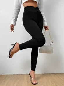 SHEIN Privé Wideband Waist Solid Leggings - Black - View 1