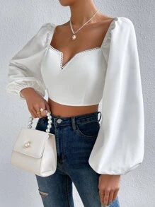 SHEIN Privé Notched Neckline Lantern Sleeve Zip Back Crop Blouse - White - View 5