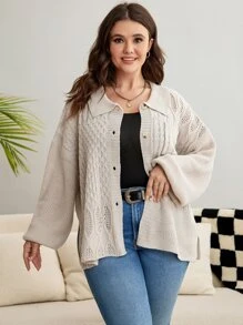 Calvaya Plus Drop Shoulder Cable Knit Cardigan - Apricot - View 1