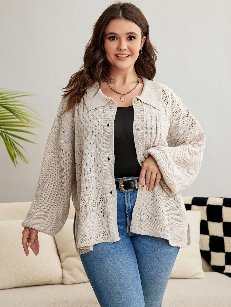 Calvaya Plus Drop Shoulder Cable Knit Cardigan - Apricot - View 1