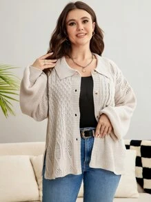 Calvaya Plus Drop Shoulder Cable Knit Cardigan - Apricot - View 3