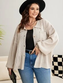 Calvaya Plus Drop Shoulder Cable Knit Cardigan - Apricot - View 4