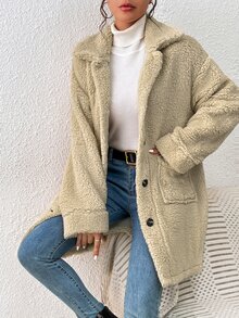 SHEIN Essnce Drop Shoulder Pocket Patched Teddy Coat - Apricot - View 5