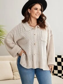 Calvaya Plus Drop Shoulder Cable Knit Cardigan - Apricot - View 5