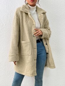 SHEIN Essnce Drop Shoulder Pocket Patched Teddy Coat - Apricot - View 4