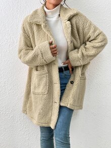 SHEIN Essnce Drop Shoulder Pocket Patched Teddy Coat - Apricot - View 6