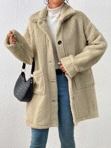 SHEIN Essnce Drop Shoulder Pocket Patched Teddy Coat - Apricot - View 1