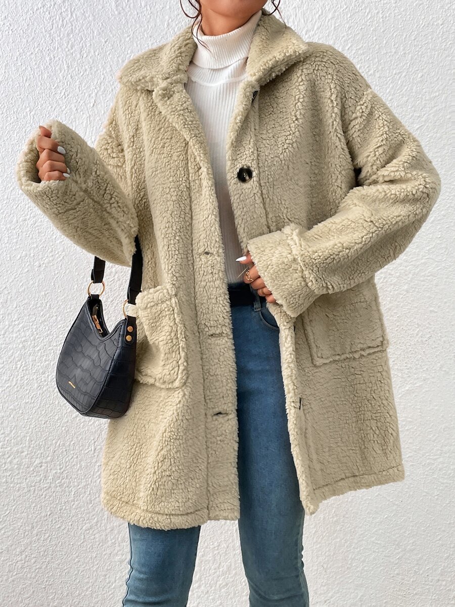 SHEIN Essnce Drop Shoulder Pocket Patched Teddy Coat - Apricot - View 1