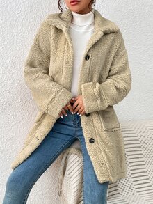 SHEIN Essnce Drop Shoulder Pocket Patched Teddy Coat - Apricot - View 3