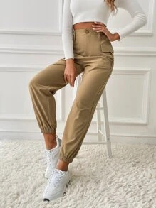 Muchica 高腰翻蓋口袋工裝褲