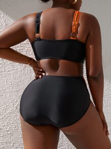 SHEIN Slayr Summer Beach Plus Size Two Tone Bikini Set Cut Out Cross Wrap Halter Top & High Waist Bikini Bottom 2 Pieces Bikini - Multicolor - View 3