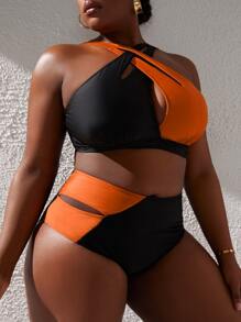 SHEIN Slayr Summer Beach Plus Size Two Tone Bikini Set Cut Out Cross Wrap Halter Top & High Waist Bikini Bottom 2 Pieces Bikini - Multicolor - View 1