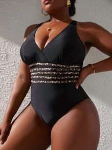 SHEIN Swim Curve Traje de baño de una pieza con recortes de estampado de leopardo para tallas grandes de verano - Negro - Ver 3