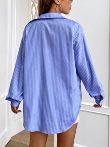 SHEIN EZwear Camisa con estampado de rayas de hombros caídos - Azul - Ver 2