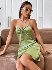 SHEIN Allurite Knot Front Zip Back Satin Cami Dress - Lime Green - View 5