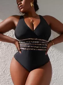 SHEIN Swim Curve Traje de baño de una pieza con recortes de estampado de leopardo para tallas grandes de verano - Negro - Ver 5