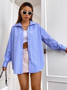 SHEIN EZwear Camisa con estampado de rayas de hombros caídos - Azul - Ver 5