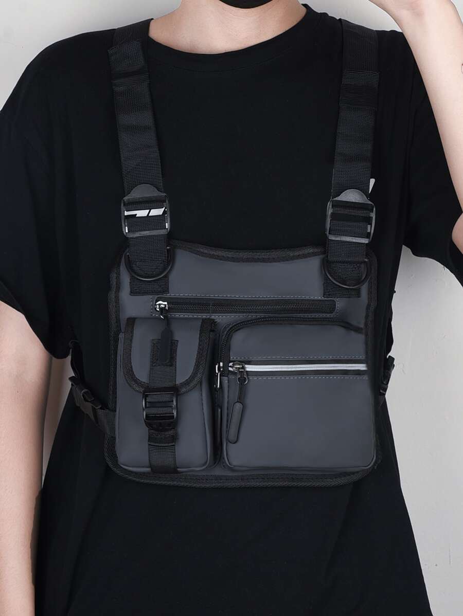 Men Pocket Front Chest Rig Bag - Grey - View 1