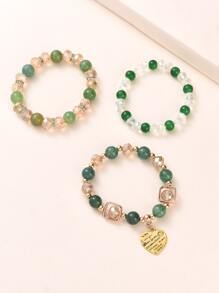 3入組/套標語細節愛心掛飾串珠手鏈 - 綠色 - 查看 4