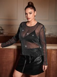 SHEIN Plus Glitter See Through Mesh Top Without Bra - Black - View 4