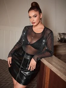 SHEIN Plus Glitter See Through Mesh Top Without Bra - Black - View 6
