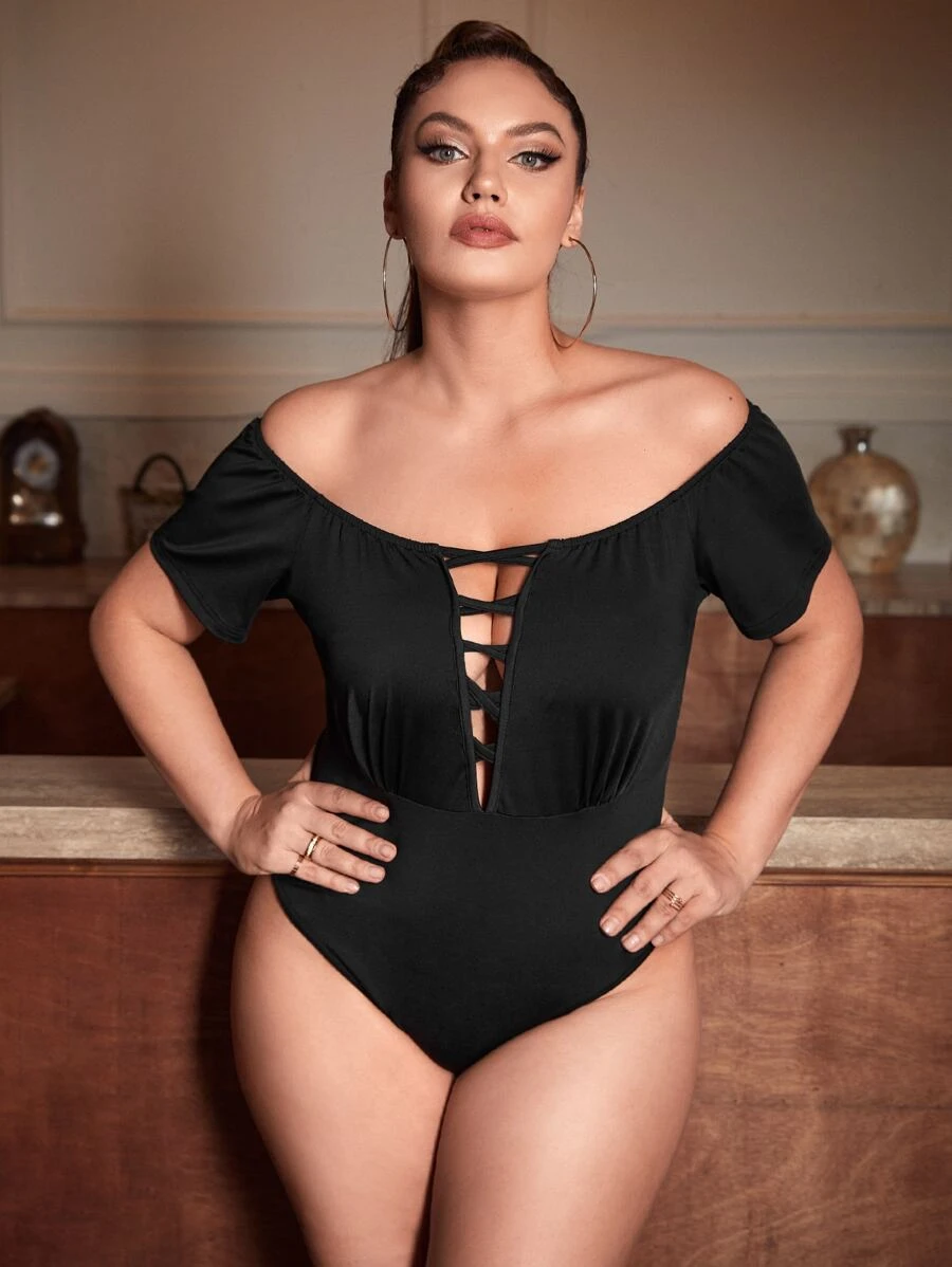 SHEIN SXY Plus Cut Out Front Off Shoulder Bodysuit - Black - View 1