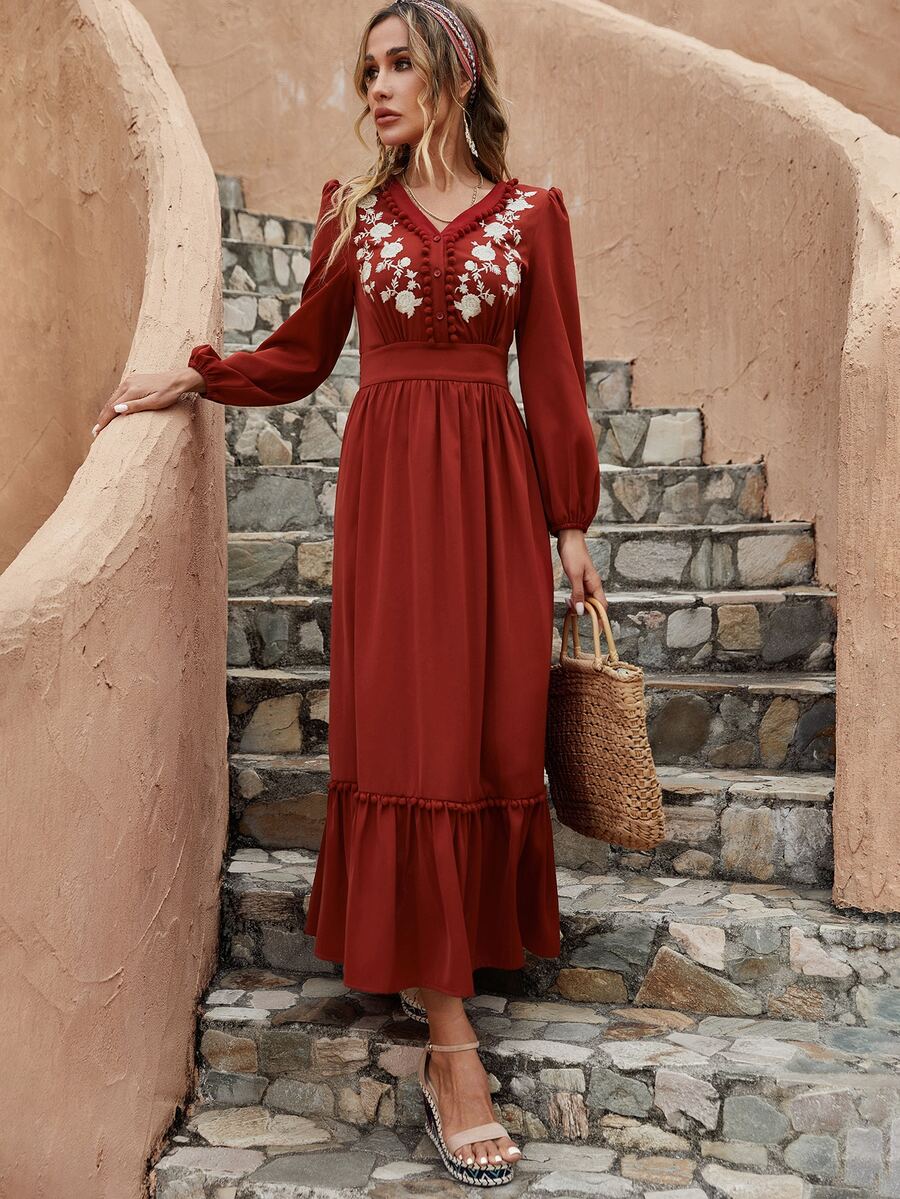 Floral Embroidery Lantern Sleeve Pompom Ruffle Hem Dress - Rust Brown - View 1