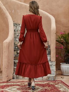 Floral Embroidery Lantern Sleeve Pompom Ruffle Hem Dress - Rust Brown - View 2